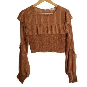 Storia Ruffle Smocked Long Sleeve Cropped Top Medium